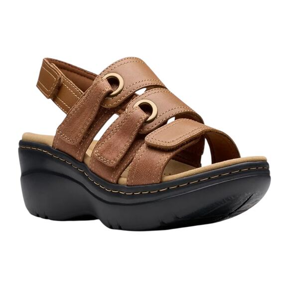 Clarks Women's Merliah 2 Bali Wedge Leather Platform Sandals Tan Size 5 1/2 - Picture 1 of 5